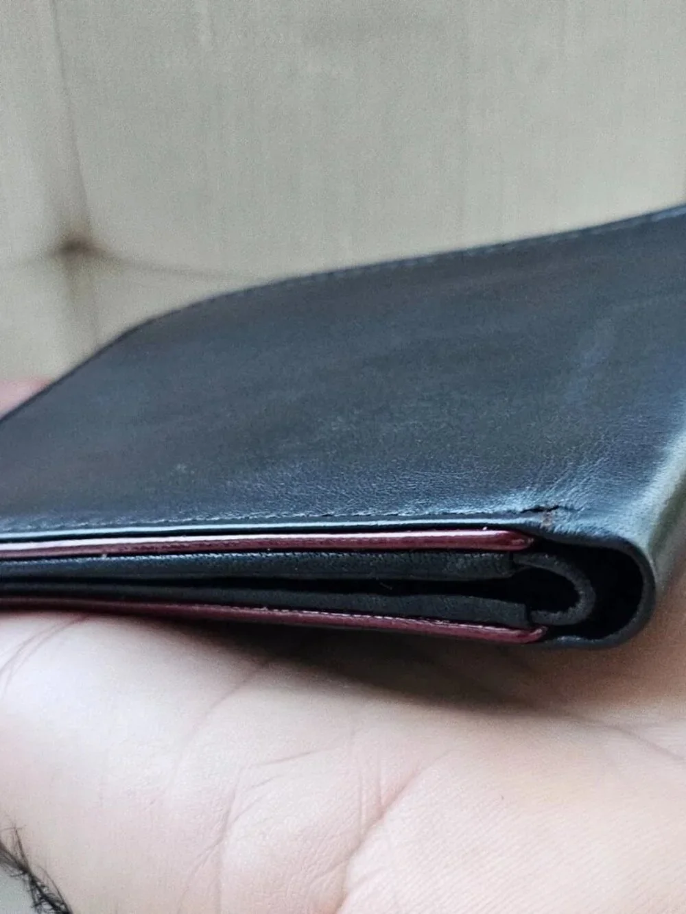 Black Leather Bifold Wallet with Red Trim Billfold Genuine Leather Handmade New